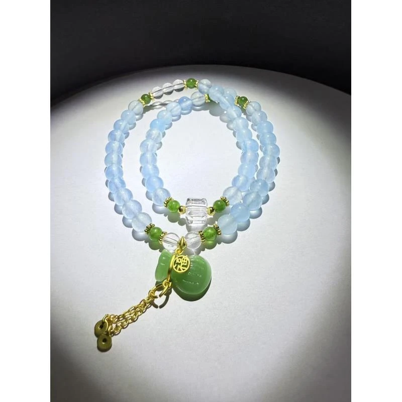 D1327-海蓝宝带绿隔珠+玉葫芦福牌配饰