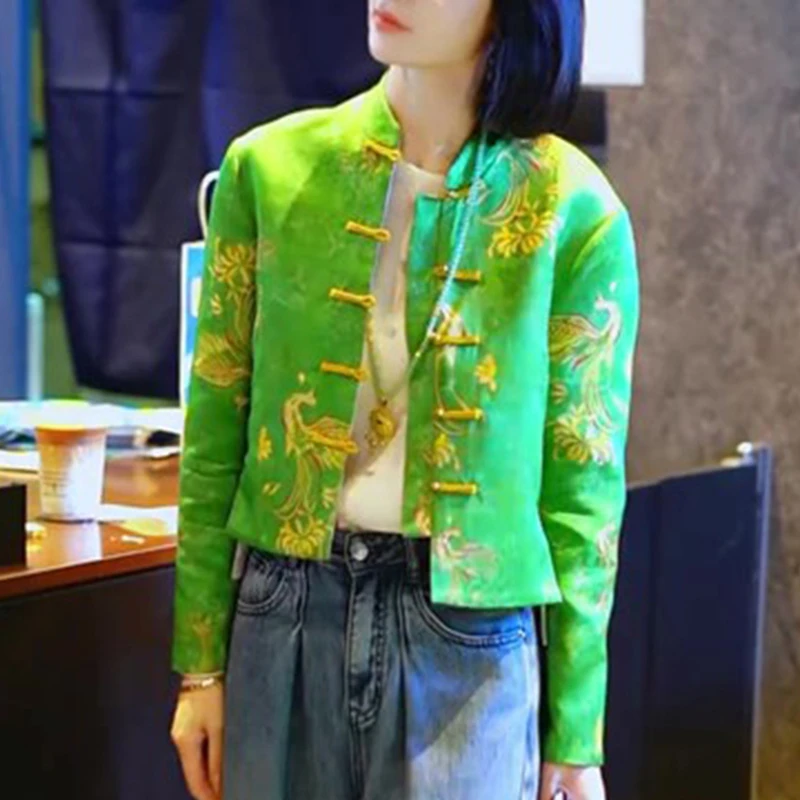 新中式国风高级感立领短外套女秋冬新款宽松休闲显瘦绿色百搭上衣