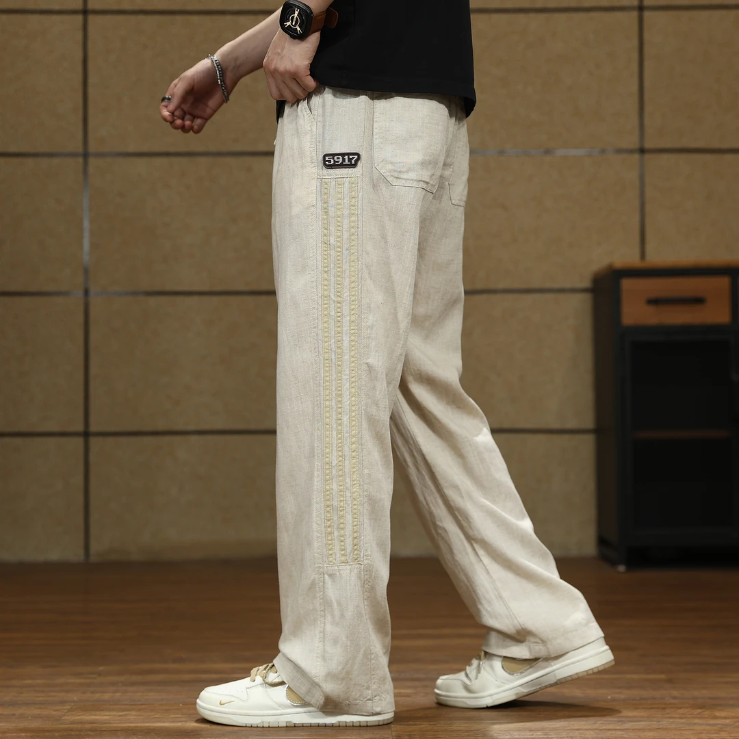 亚麻透气休闲裤男士莱赛尔天丝夏季薄款美式直筒裤子男宽松潮长裤