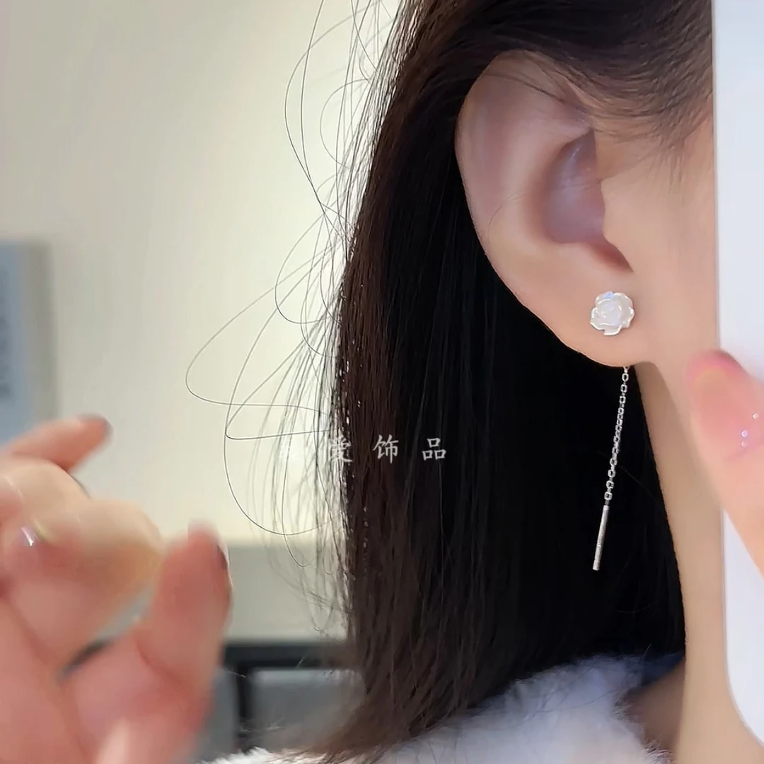 925银树脂耳饰 森系小清新山茶花耳线女简约百搭温柔气质流苏