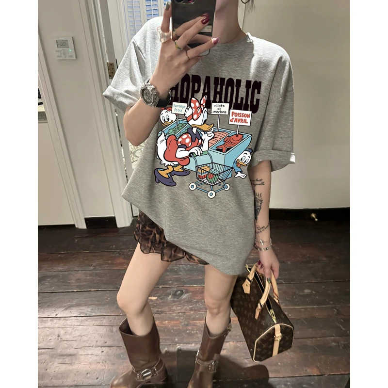 ins韩版纯棉短袖t恤休闲宽松大码女装夏唐老鸭卡通显瘦上衣情侣装