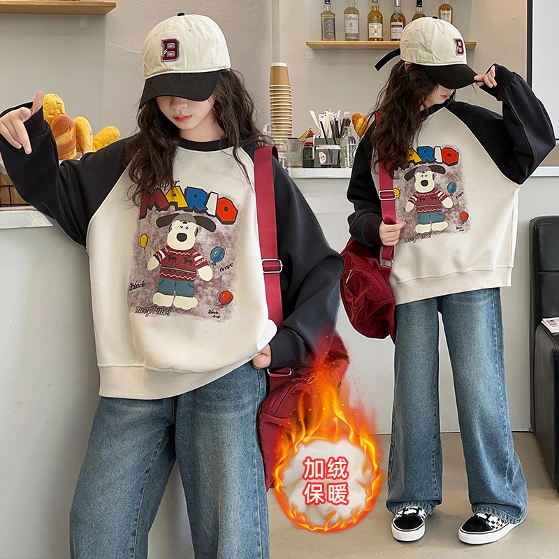一体绒女童卫衣秋冬2025新款洋气儿童时髦秋装中大童插肩袖上衣潮