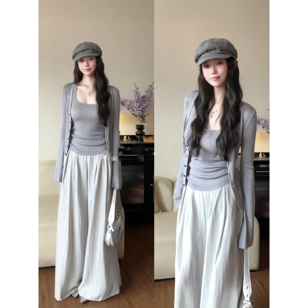 薄款针织开衫女夏长袖挂脖背心设计感气质显瘦高腰休闲阔腿裤套装