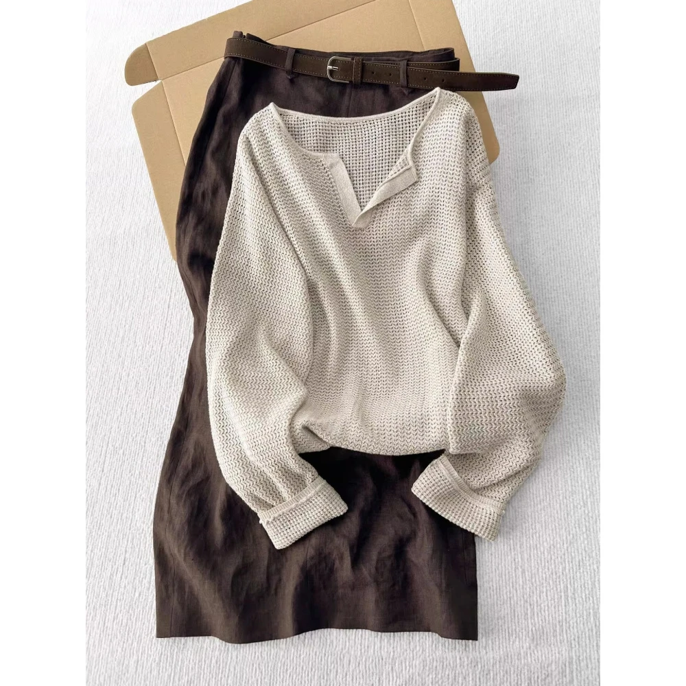 纯色宽松针织衫透气显瘦上衣女2025年早秋慵懒风长袖套头百搭小衫