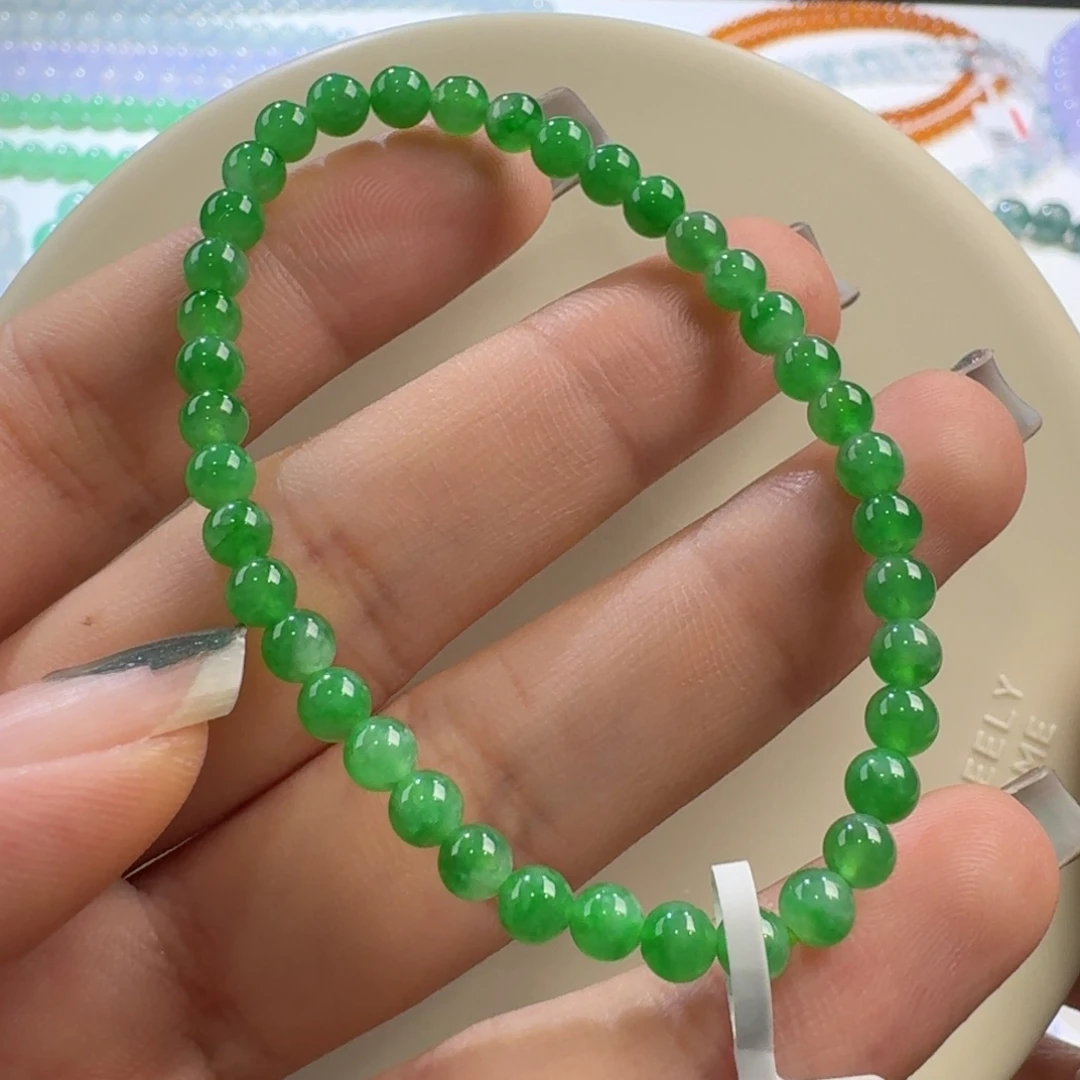 翡翠手链未镶嵌冰满飘阳绿色手串卡4.8-4.3