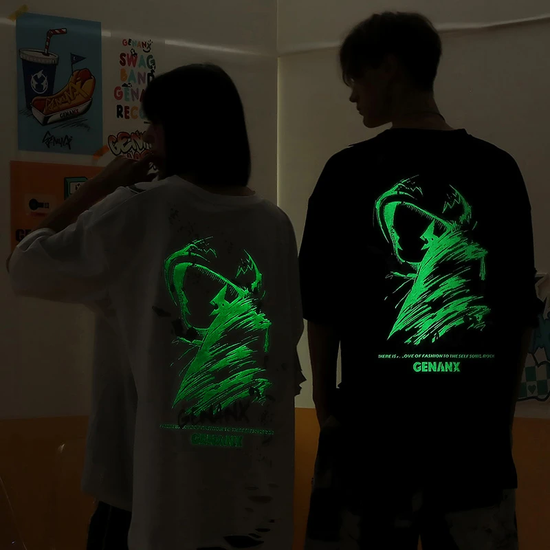 GENANX闪电潮牌抽象涂鸦闪电君夜光印花破洞卷边网布T恤潮