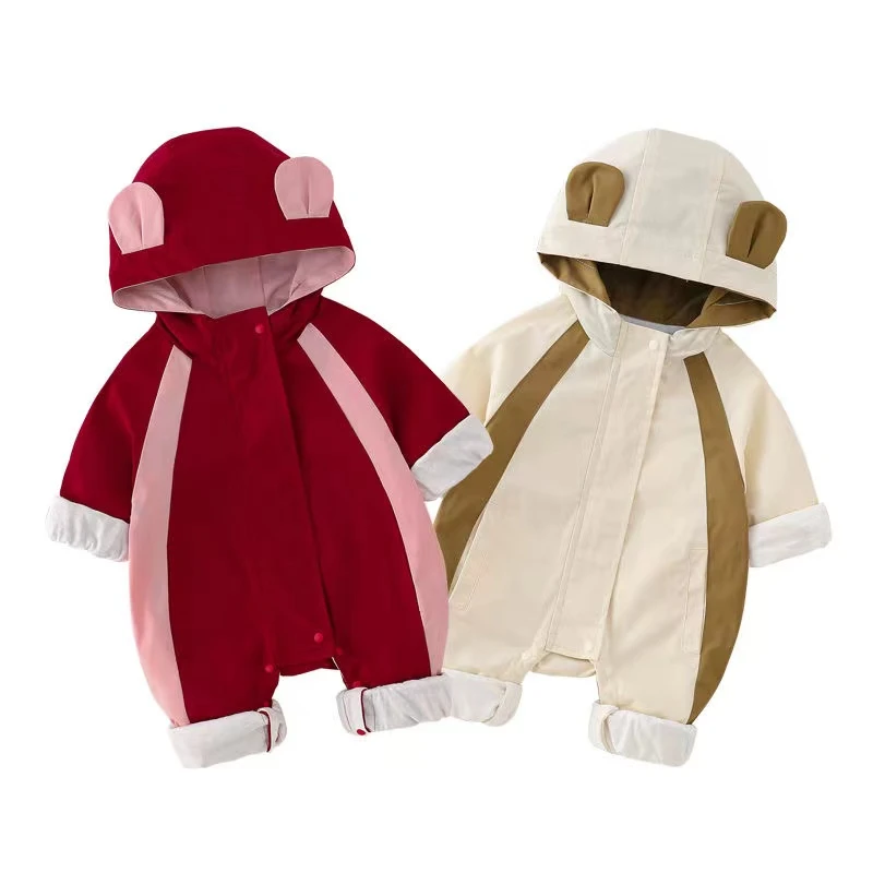 秋冬可爱男女宝宝必备时尚洋气韩版小熊拼色加绒哈衣外穿爬服