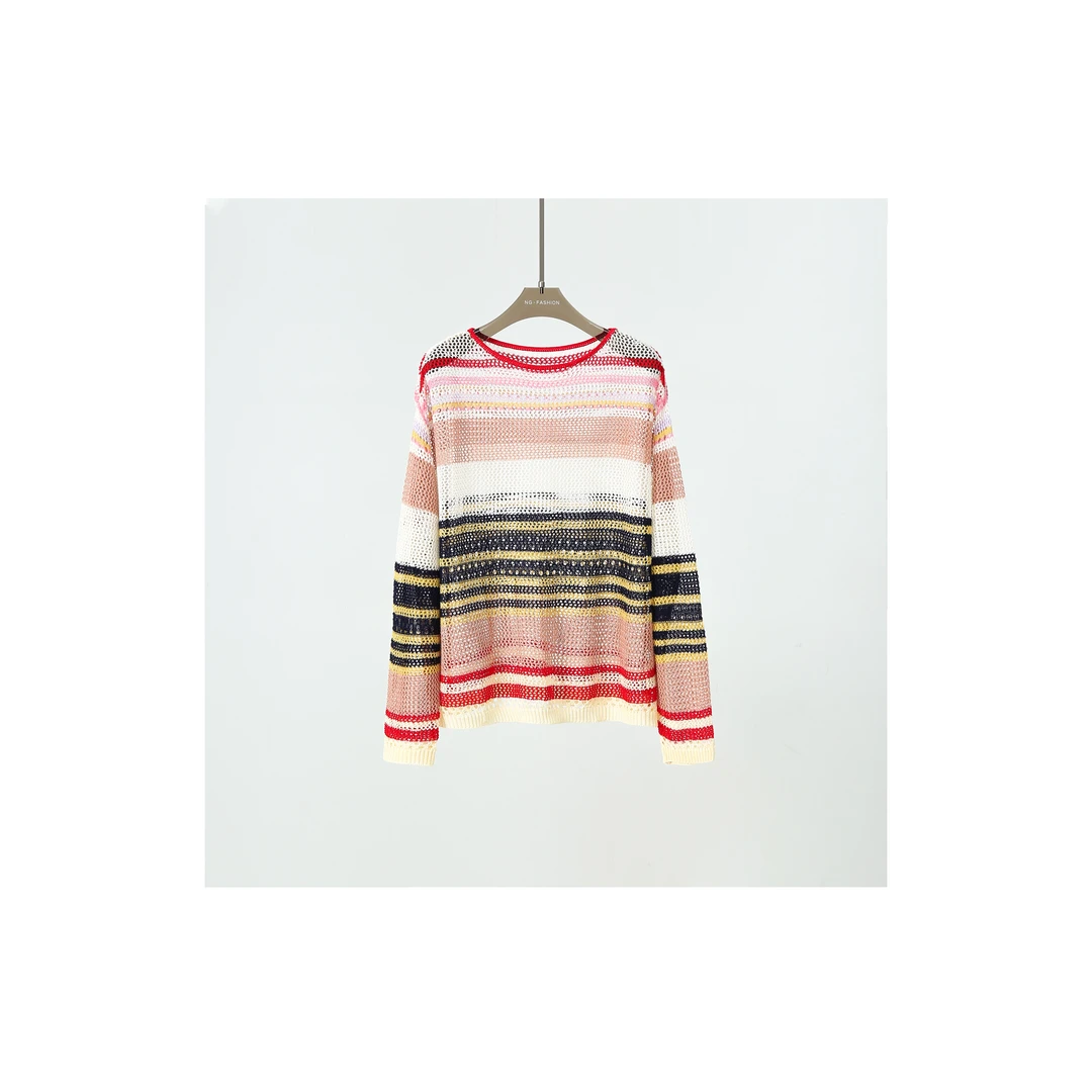 【段公子】时尚宽松条纹印花圆领春夏套头撞色针织衫 381-52157
