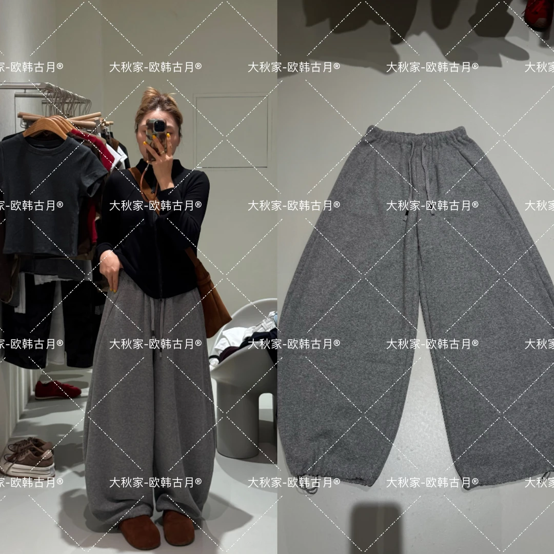 灰色直筒羊呢阔腿裤女秋季2025新款百搭宽松加厚休闲运动裤弯刀裤