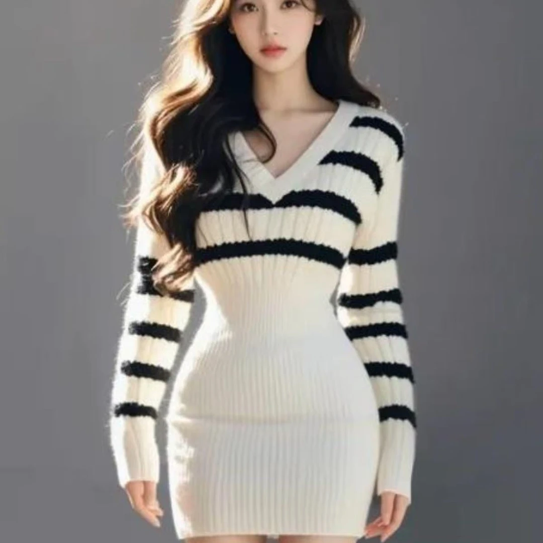 韩国东大门针织衣裙条纹V领针织连衣裙小个子内搭打底裙