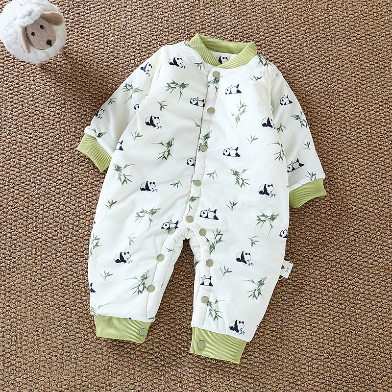 150g竹叶熊猫宝宝婴儿保暖加绒夹棉卡通秋冬连体衣爬服
