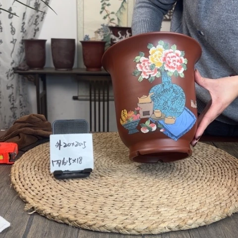 紫砂花盆全手工大红袍花瓶手绘