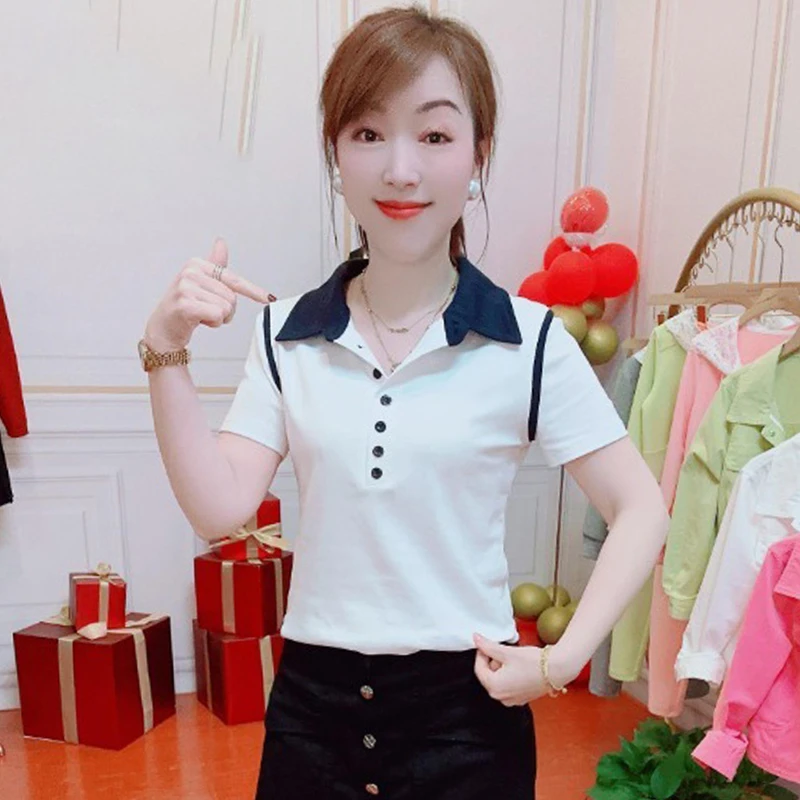 高含棉设计感polo领短袖t恤女2025夏季新款时尚休闲百搭撞色上衣