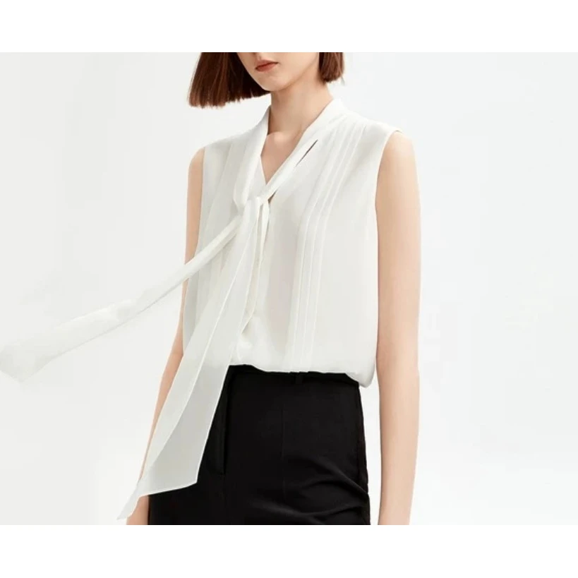 【雅然老师专享】飘带领气质无袖衬衫法式浪漫白衬衫5Y25BXS1870
