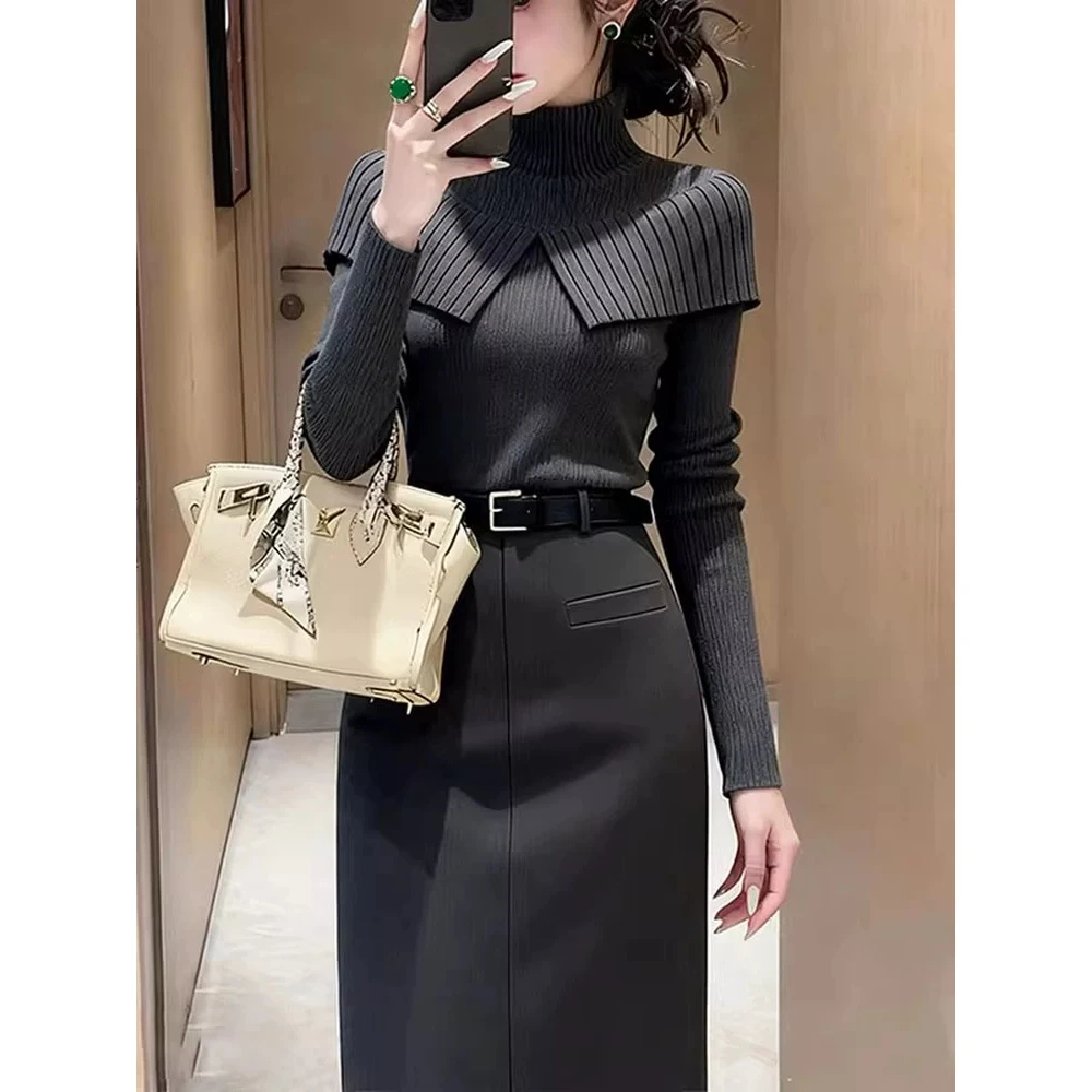 秋装搭配一整套时尚洋气高级感巨好看黑色斗篷式披肩毛衣套装裙女