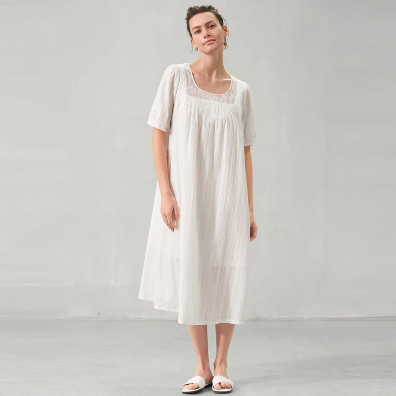 爱慕花蕊圆领短袖睡裙时尚蕾丝睡衣女简约宽松长款睡裙AM449711