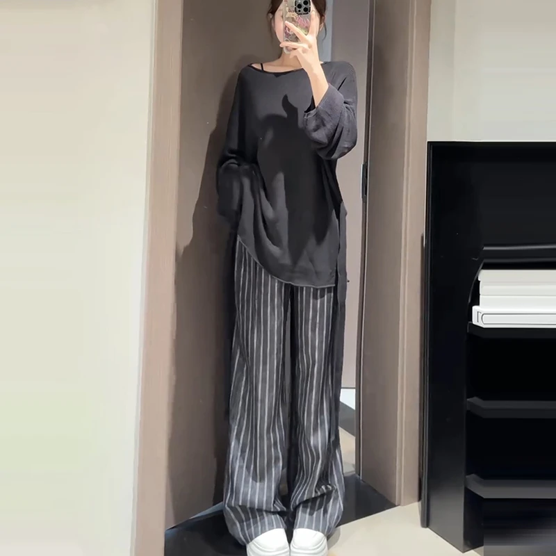 简约休闲绑带收腰衬衫条纹阔腿裤女2025春季新款宽松显瘦两件套潮