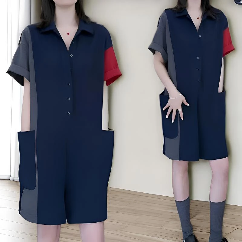 夏季新款时尚简约宽松舒适懒惰风通勤气质显瘦POLO领连体裤女