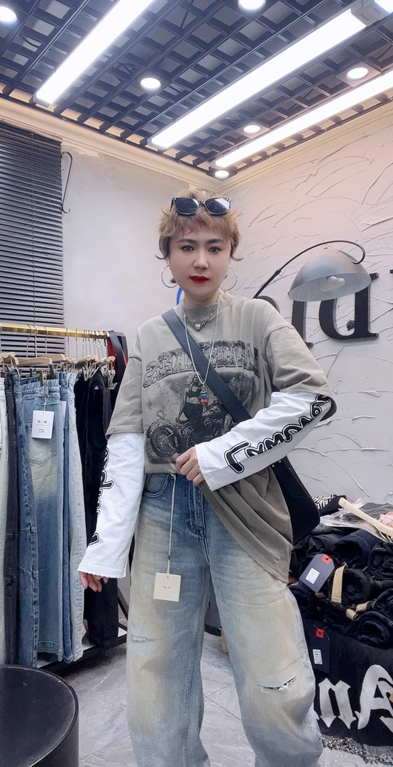 涂鸦风插肩袖印花T恤套装连帽牛仔个性白色秋季百搭背心破洞