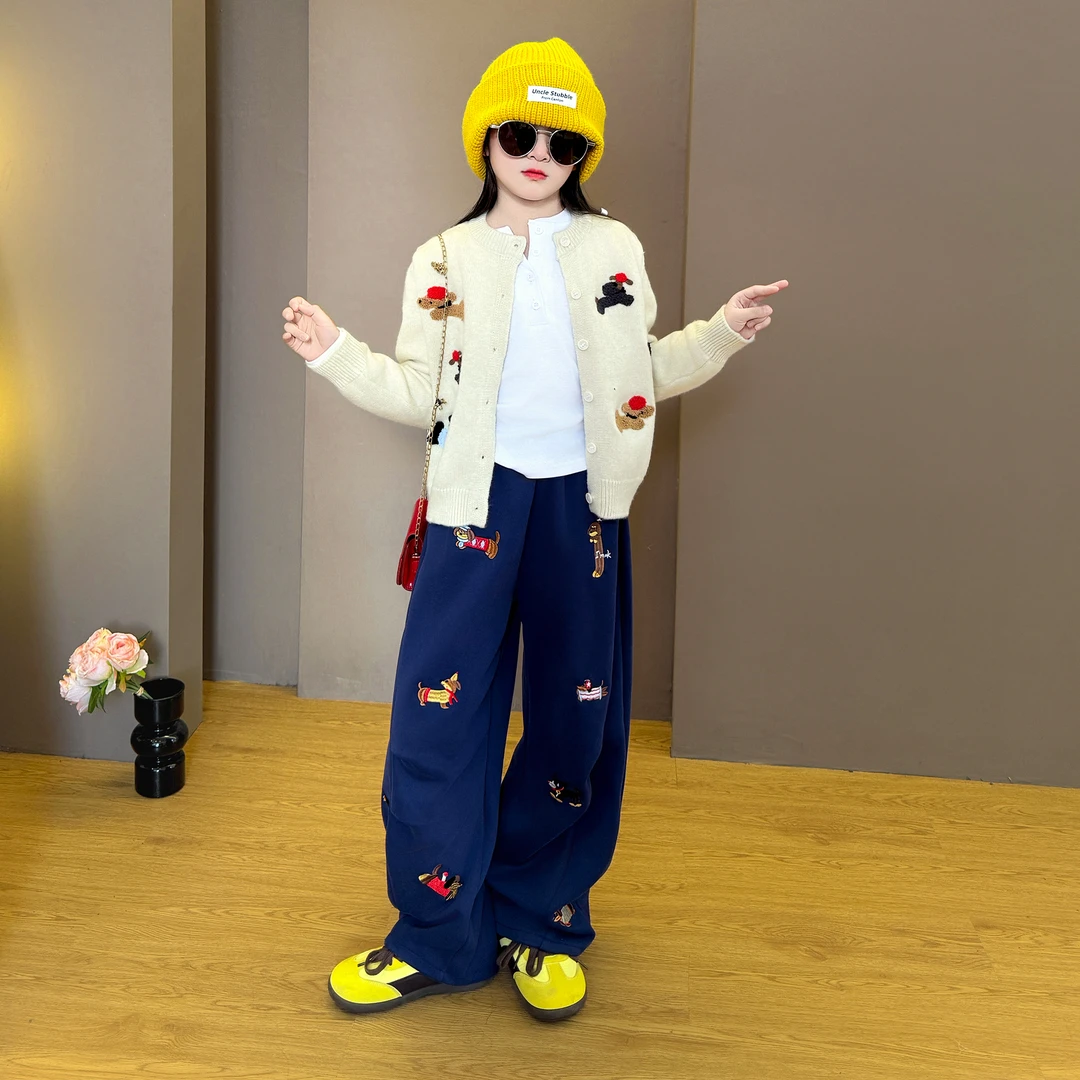 女童2025新款韩系洋气休闲时尚开衫毛衣上衣宽松阔腿弯刀裤套装潮