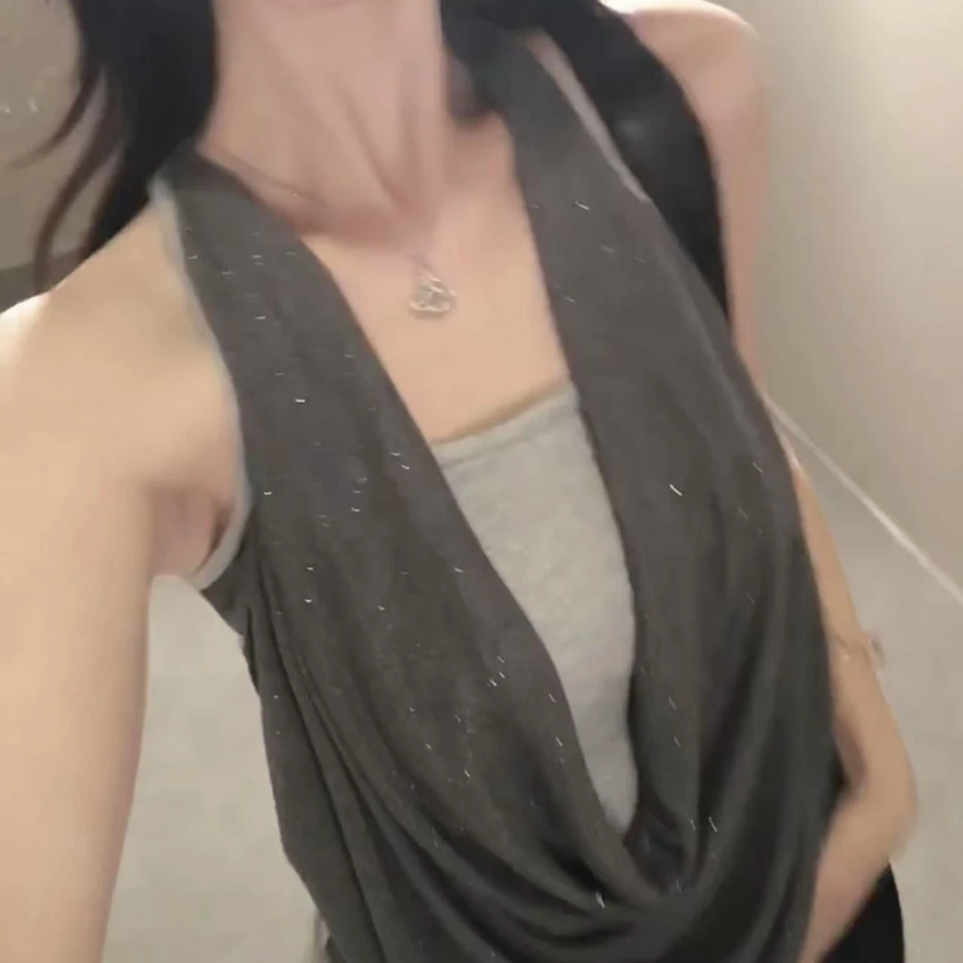 YIDENG纯欲辣妹风性感荡领挂脖吊带无袖背心夏季新款修身显瘦上衣