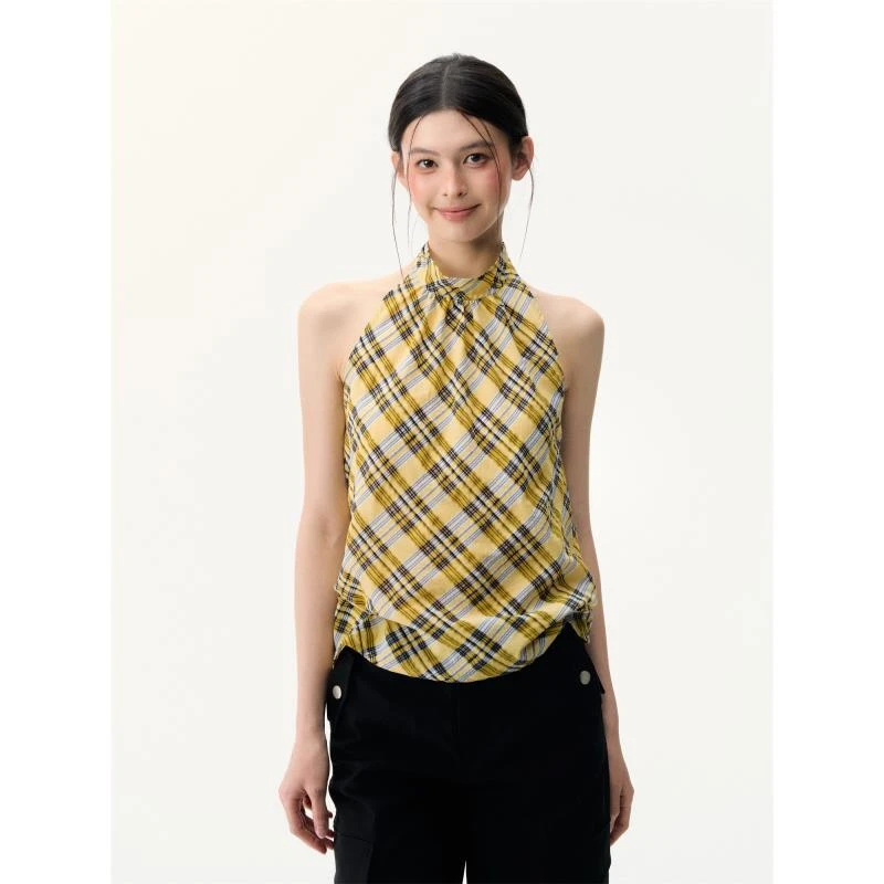 【CHUN ZI】夏日度假感活力柠檬黄色格纹飘带挂脖背心小衫
