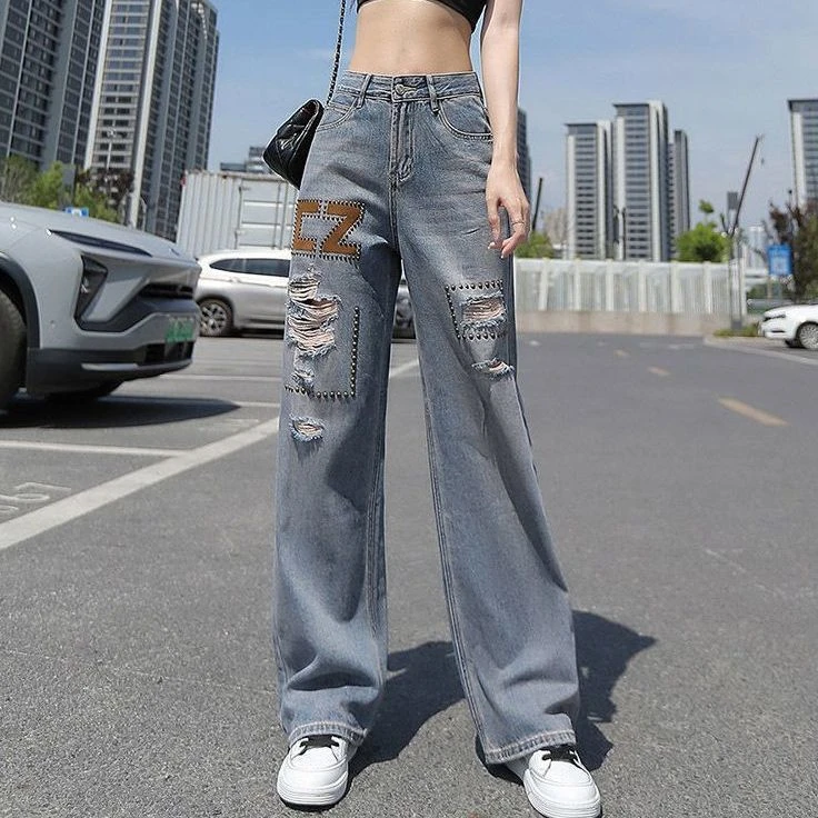 破洞阔腿牛仔裤女2025春夏季新款高腰宽松显瘦休闲百搭垂感直筒裤