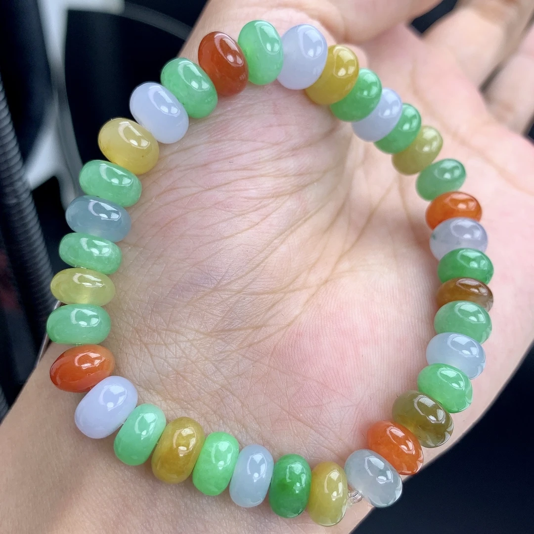 四会缅甸A货翡翠冰胶老料浓彩多色多宝鼓珠手链手串T/7.7-8.7mm