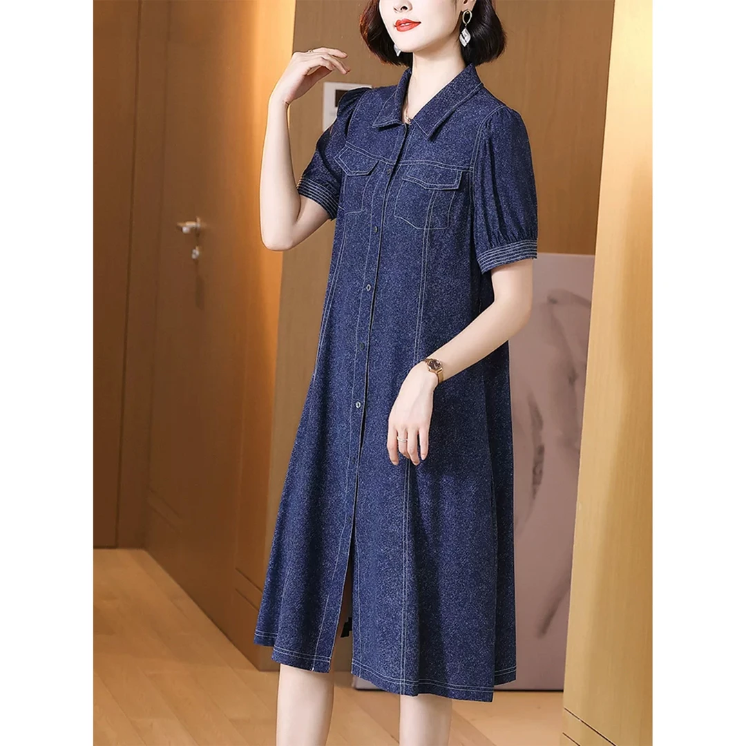 夏季桑蚕丝牛仔连衣裙中长款翻领收腰显瘦BB0296气质时尚