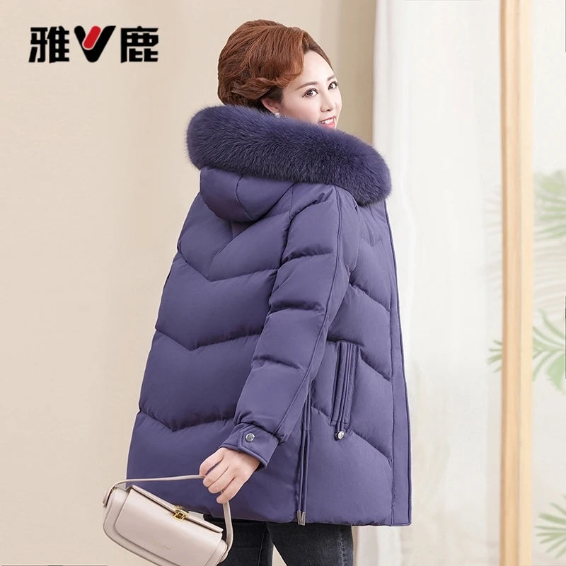 V/雅鹿羽绒服女中老年时尚妈妈装2025新款狐狸毛领中长款冬装外套