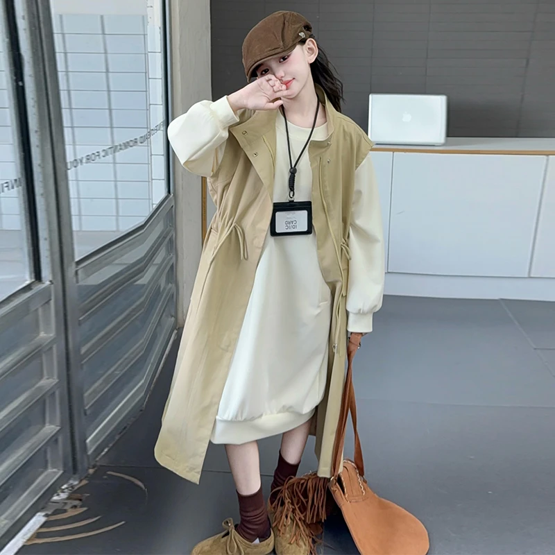 女童时尚套装工装长款风衣马甲2025秋季新款慵懒休闲卫衣裙两件套