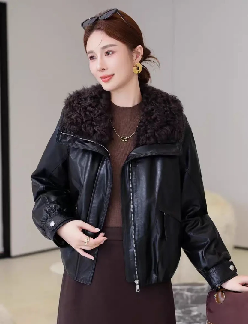 毛绒大翻领加绒加厚保暖皮衣女款冬季外套女秋冬新款宽松显瘦上衣