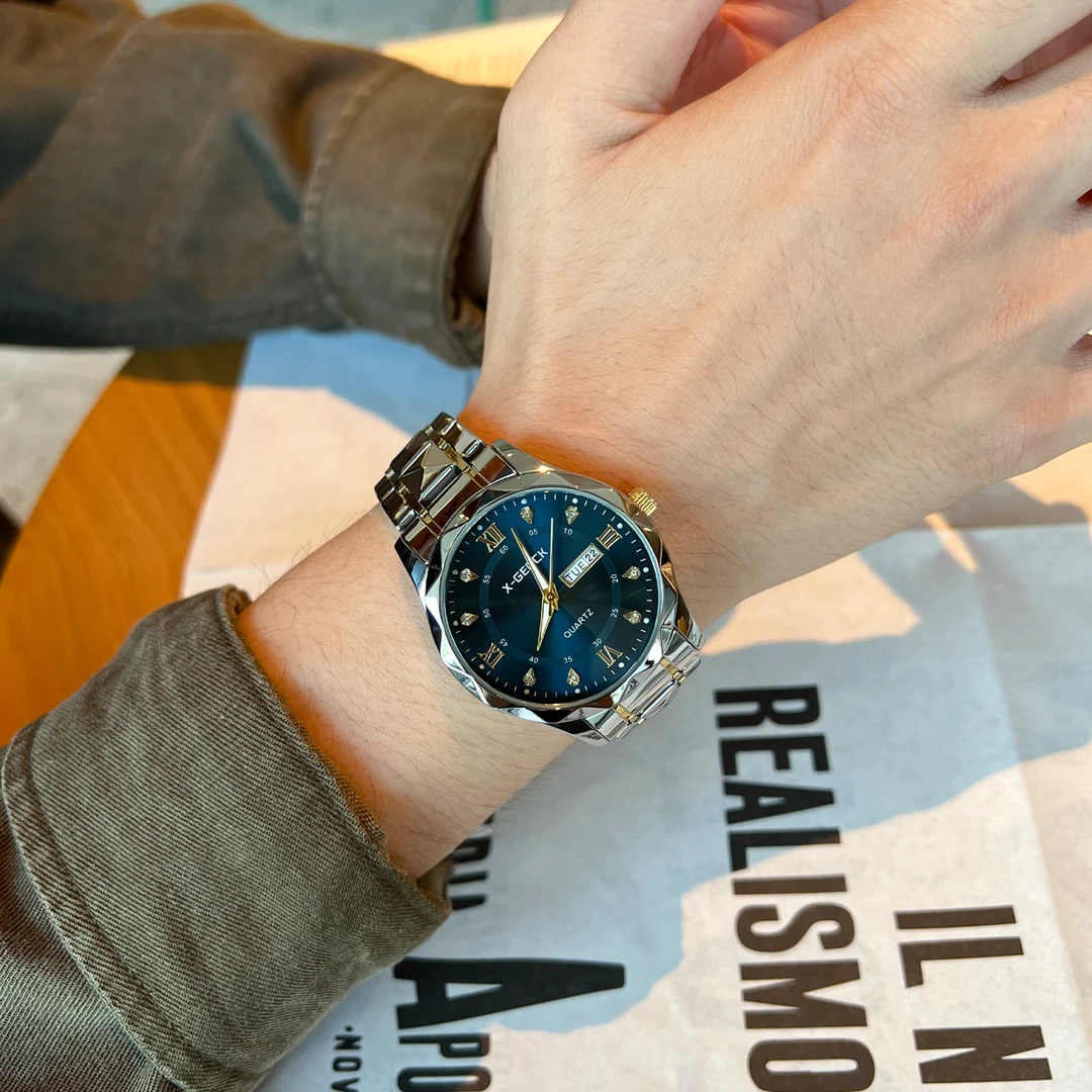 手表男士夜光帅气商务石英潮表男款菱形玻璃精钢石英表大学生手表