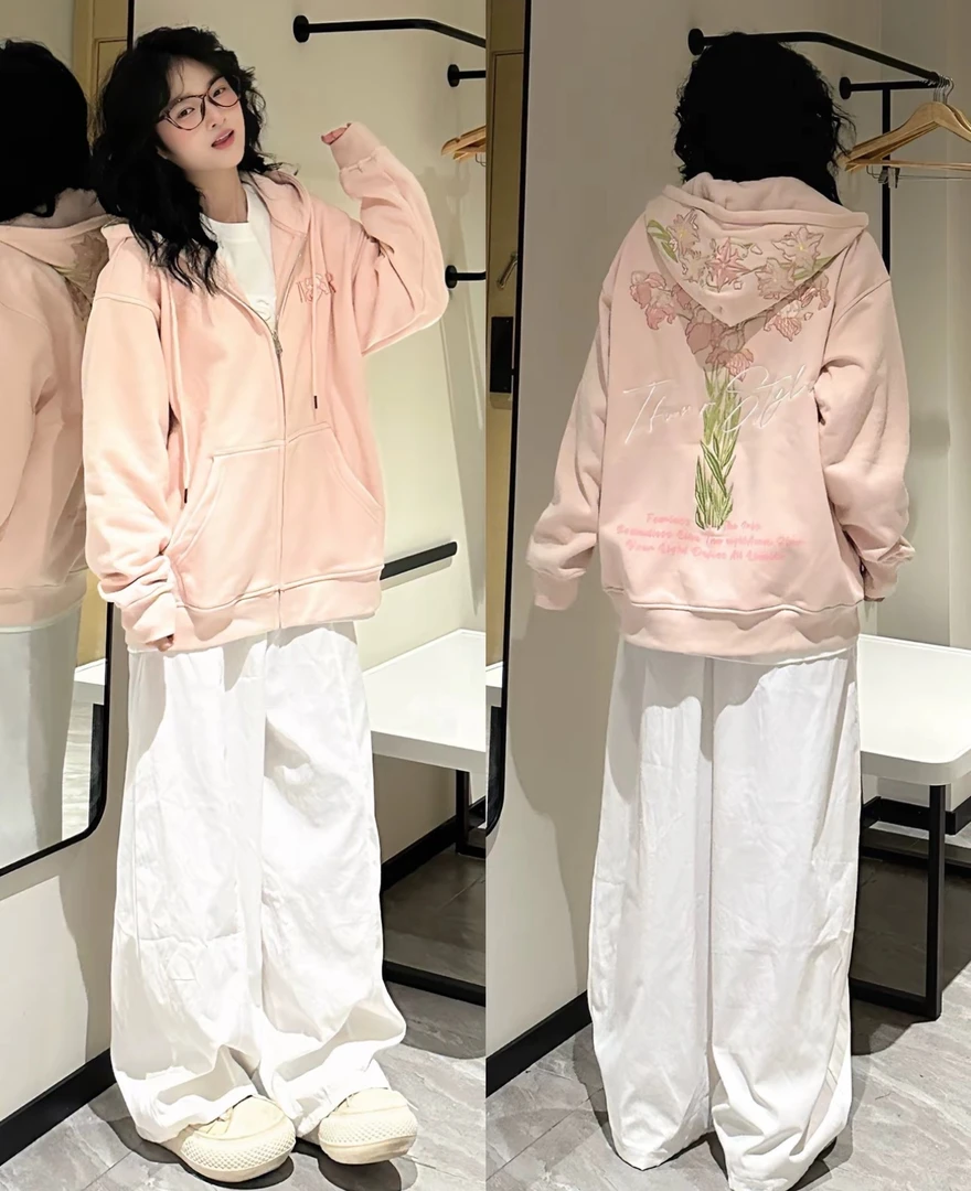 纯棉美式复古连帽字母拉链卫衣女春秋冬宽松显瘦松弛感休闲外套潮