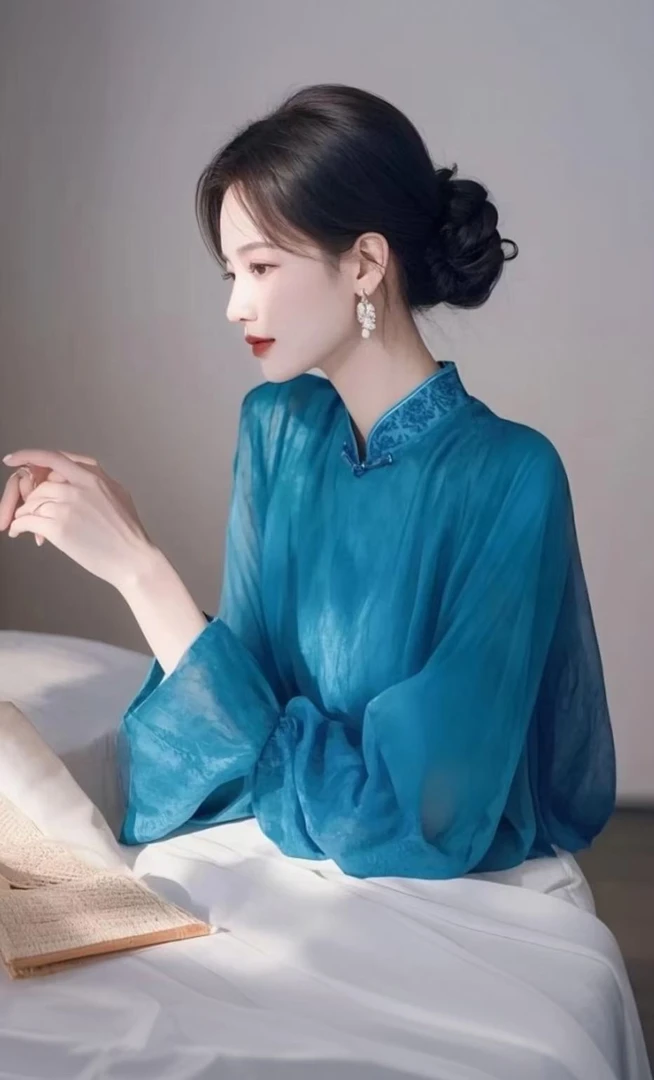 L956春装新款法式绝美上衣高级感轻奢超好看独特漂亮蓝色花衬衫