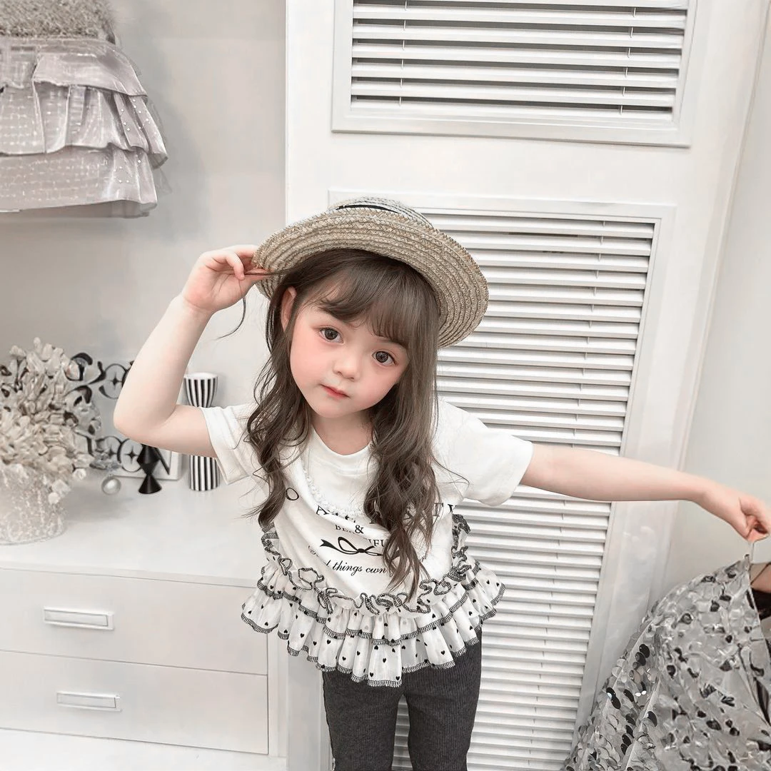 女童夏季蝴蝶结印花T恤儿童T可爱洋气休闲款女孩时髦蕾丝花边上衣