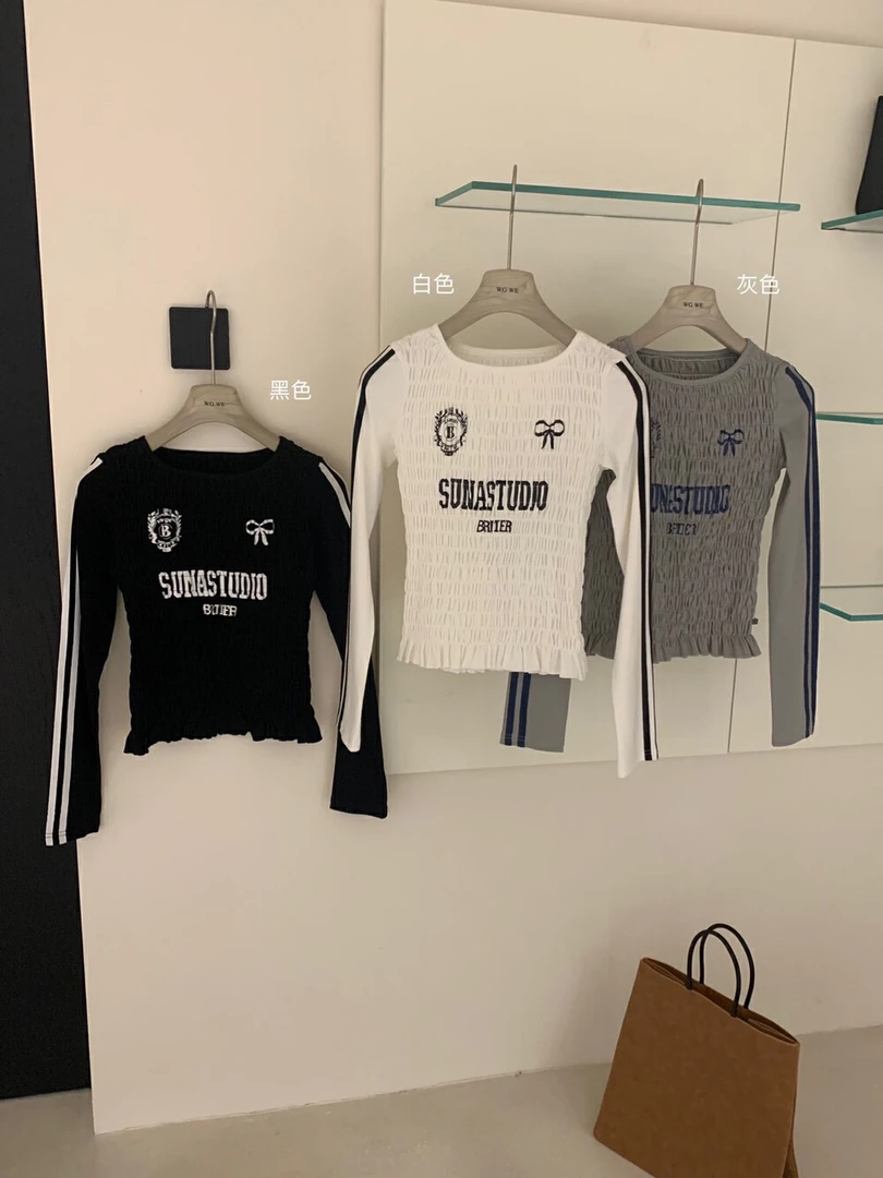 印花修身设计感圆领球服白色短款黑色长袖T恤打底衫小众ins显瘦