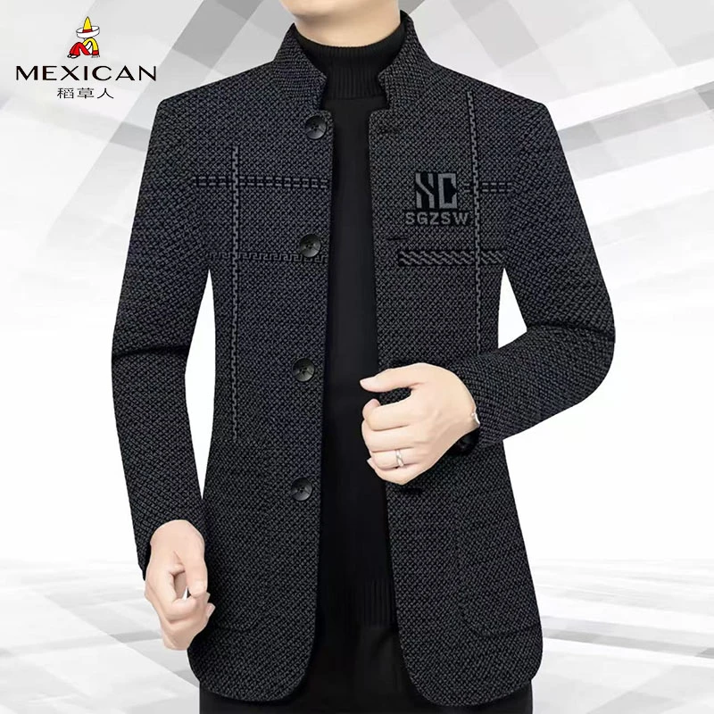 稻草人正品男士秋冬季新款高档商务立领夹克中山装中年男士上衣装