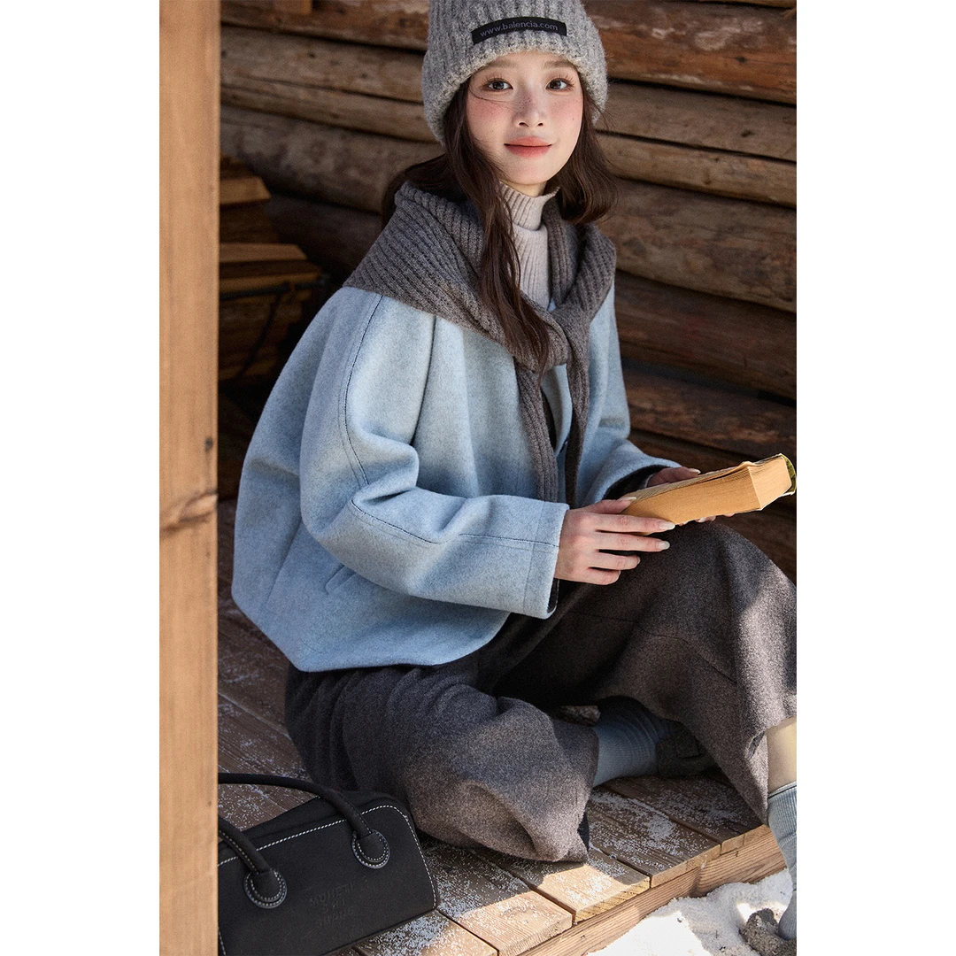 谜秀新品蓝色毛呢外套+披肩女冬复古短款宽松加厚呢子外套春秋