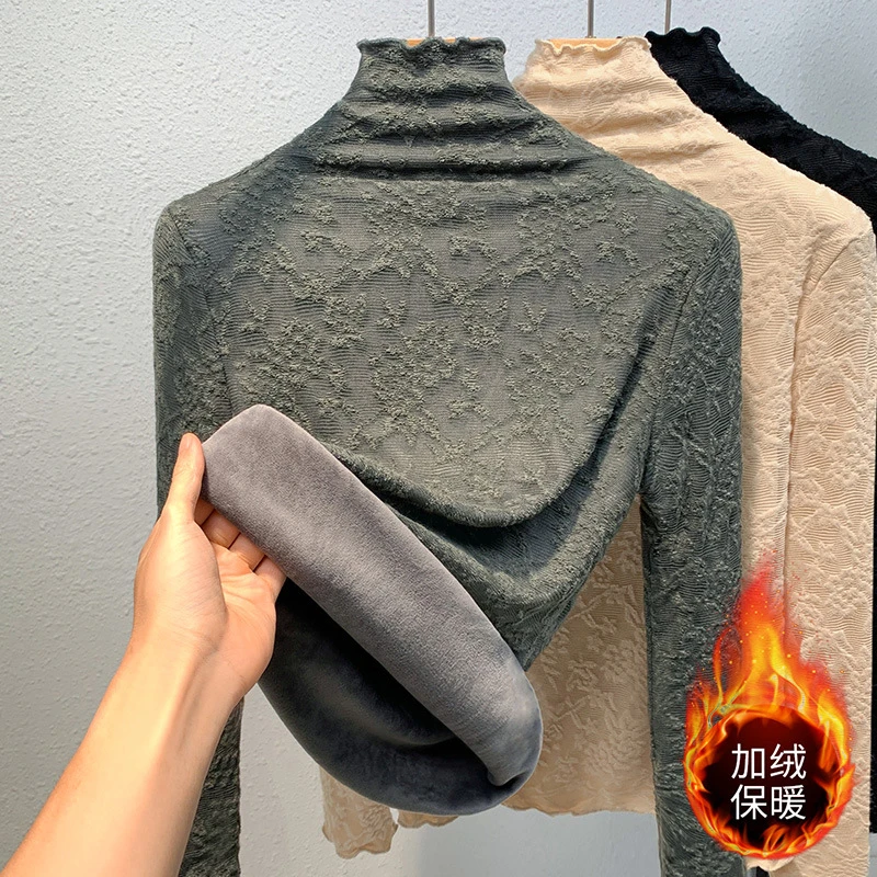 加绒蕾丝花边打底衫秋冬2025新款女装洋气内搭加厚保暖半高领上衣