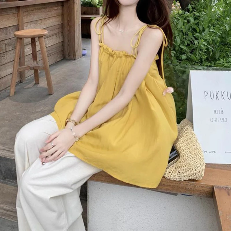 韩系花朵吊带压褶背心女2025夏季新款纯欲风减龄宽松系带外穿上衣