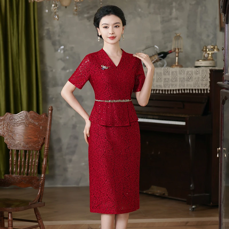 妈妈装旗袍婚宴礼服2025款喜婆婆结婚婚礼连衣裙喜服蕾丝小个子女