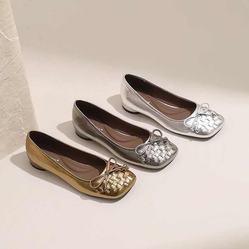 【现货】AMEINOR2025夏季新款蝴蝶结金属面料精致女士浅口单鞋9104