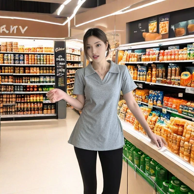 胖mm大码正肩POLO领设计感褶皱收腰夏季新款显瘦遮肚简约短袖T恤