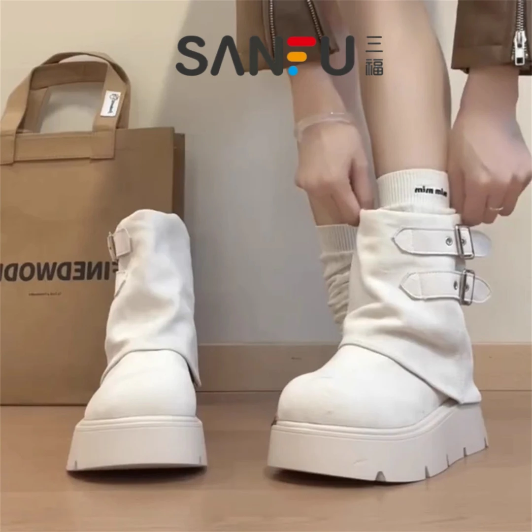 三福巨好看白色短靴子女2025秋季新款小个子百搭厚底裤管靴马丁靴