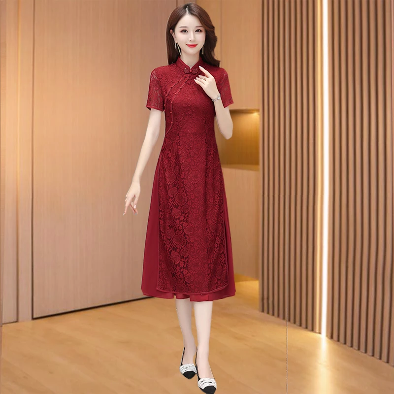 红色旗袍连衣裙女夏季2025新款高端大气上档次气质名媛高级感婚宴