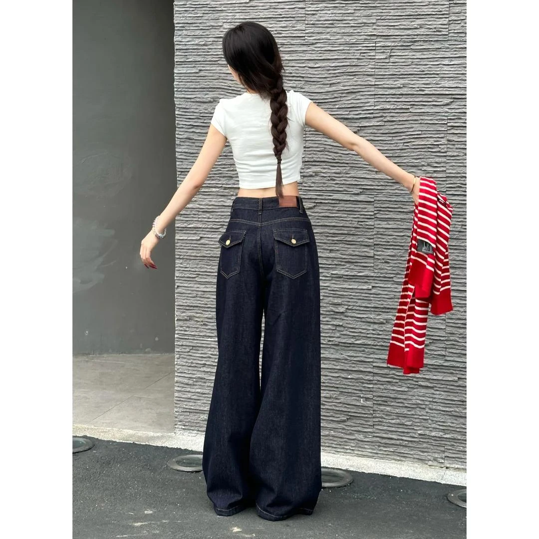 美式复古设计感深蓝色牛仔裤女春季2025新款高腰宽松阔腿拖地长裤
