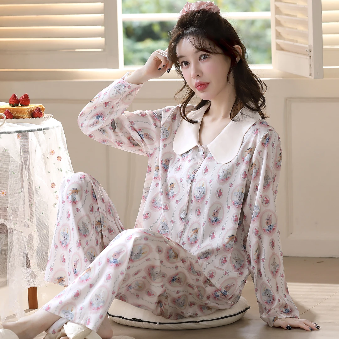 夏天薄款印花可爱甜美可外穿家居服女士冰丝舒适卡通睡衣两件套装