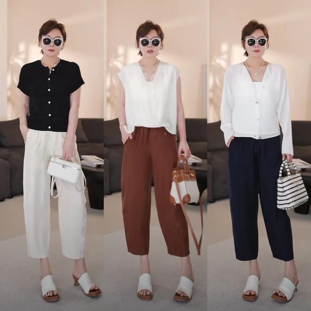 水木夫妻”醋酸八分裤”100%醋酸光泽轻盈夏季弯刀八分裤女