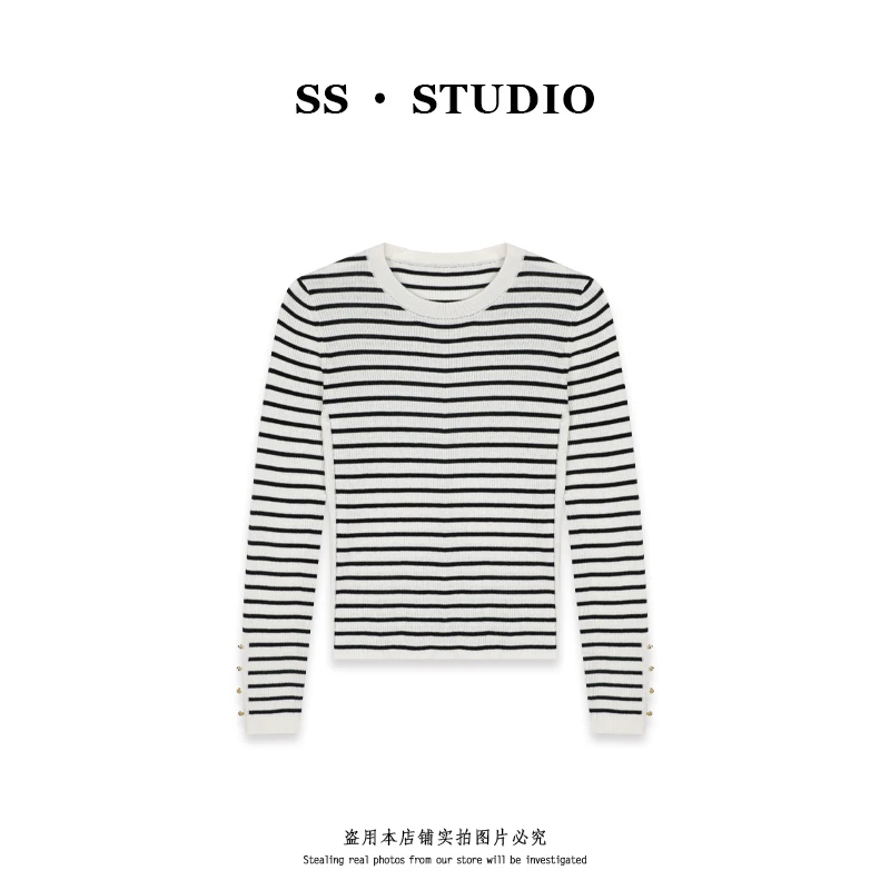 【SUSU】经典黑白条纹撞色圆领针织衫秋款休闲百搭长袖上衣SS-5669